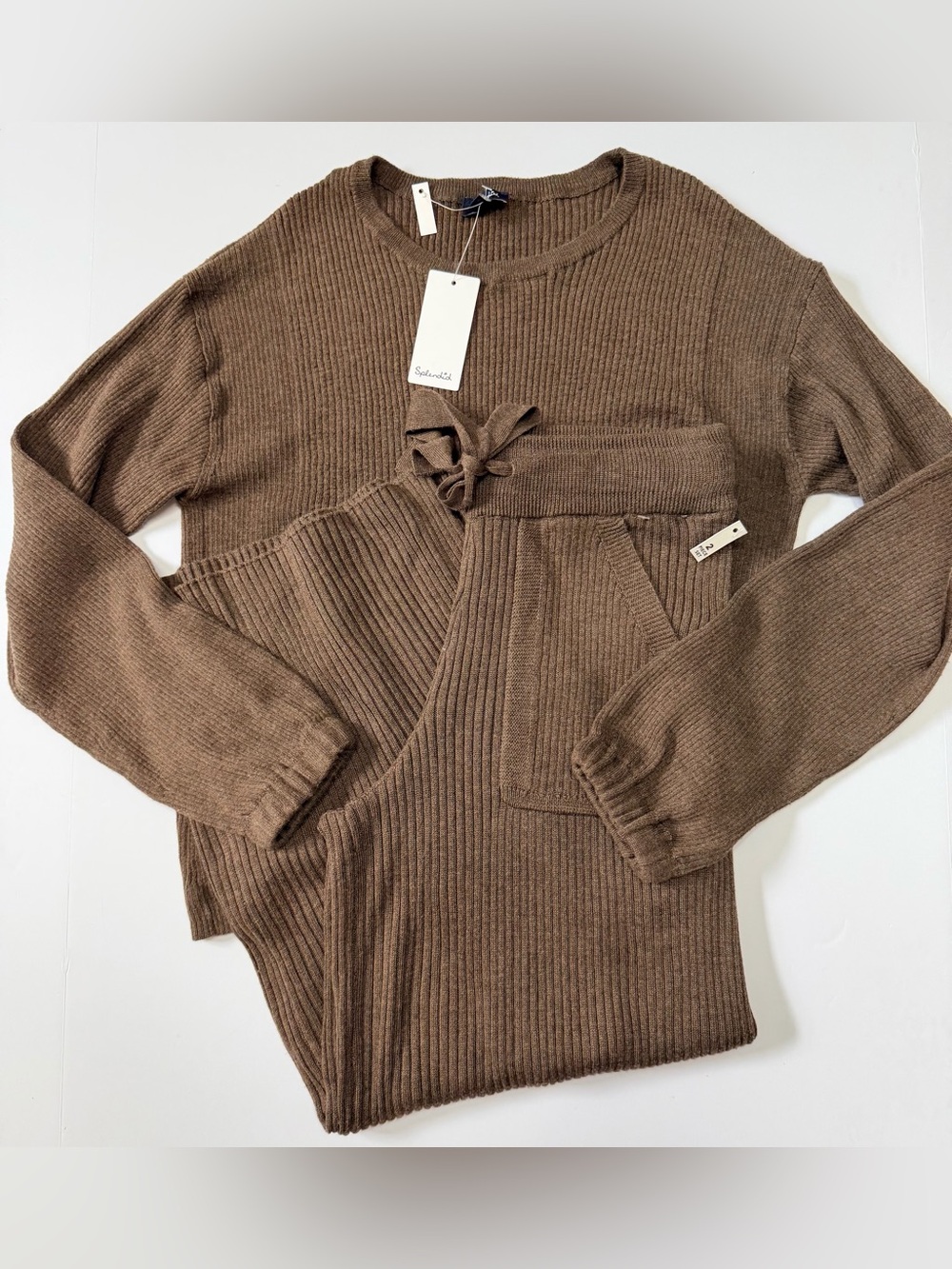 Splendid NWT Ribbed Knit 2-Piece Sweater Lounge Set Brown Small Wide Leg